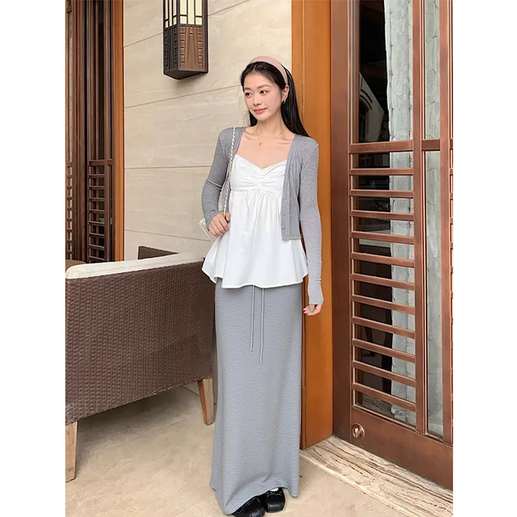 早秋季高腰显瘦包臀a字半裙女2025新款复古抽绳卫裙灰色半身裙女