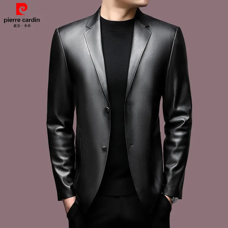 皮尔卡丹/男士皮衣秋冬外套纯色西装领仿真皮皮衣短款中年休闲款
