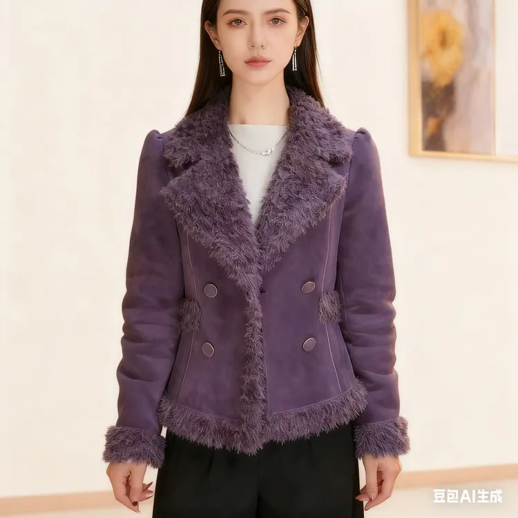 小香风皮毛秋冬一体2025新款时尚气质保暖长袖短款加绒西装领外套