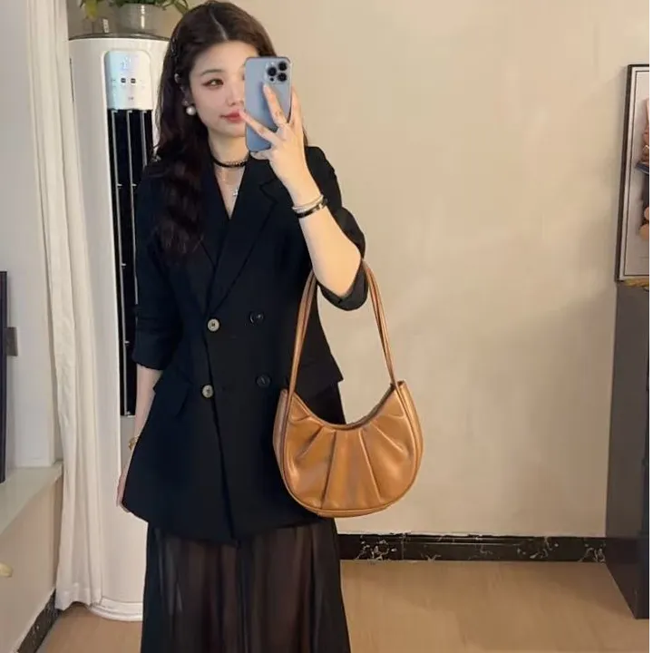 韩系轻奢气质套装裙女秋季长袖西装上衣轻薄透气雪纺拼接半身裙