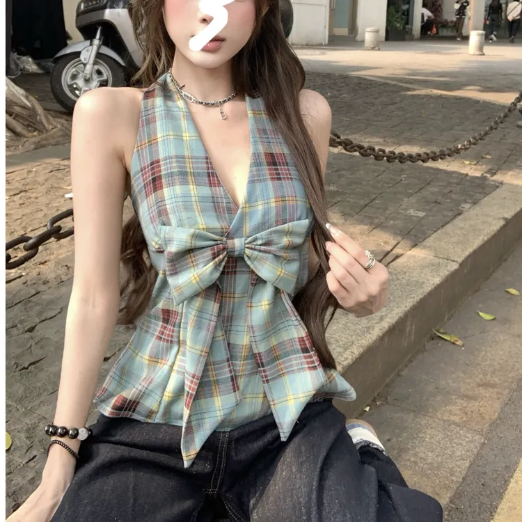 蝴蝶结格纹挂脖背心新款辣妹性感V领无袖收腰显瘦上衣