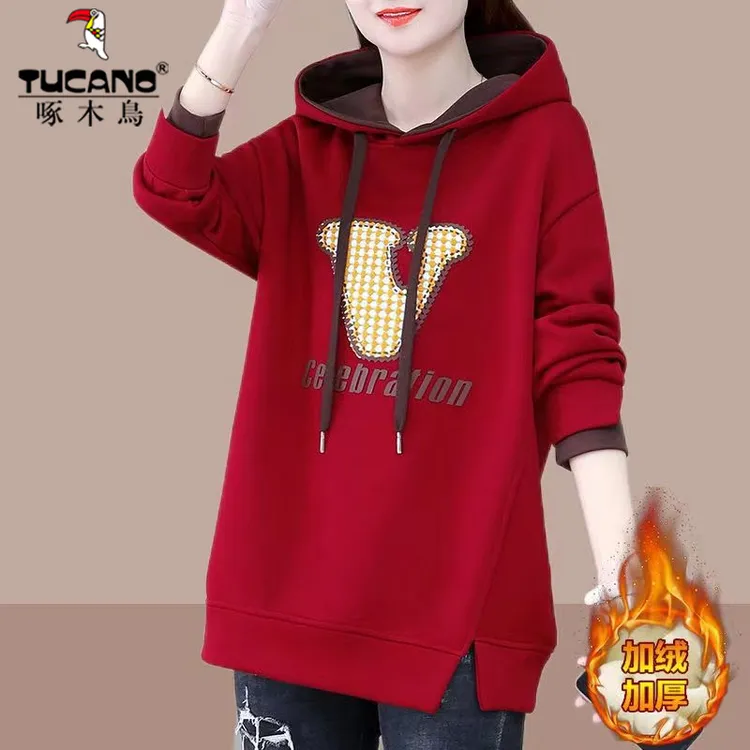 啄木鸟加绒加厚女士卫衣2025冬季洋气连帽中长款卫衣显瘦纯棉上衣