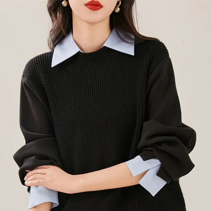 哥弟阿玛施正2025春秋新款Polo领拼接假两件针织衫宽松套头毛衣女