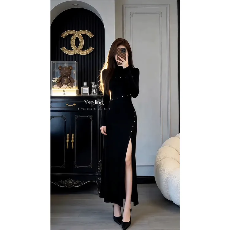 parkyeon高级款黑色针织长袖连衣裙秋冬新款设计感收腰显瘦长裙子