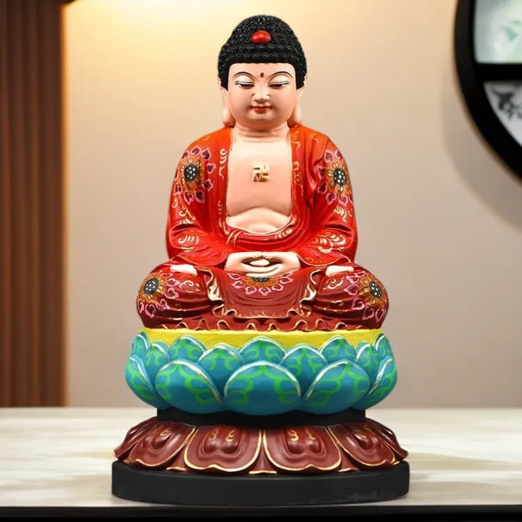 彩绘花梨实木雕刻如来佛祖神像摆件阿弥陀佛释迦牟尼西方三圣家用