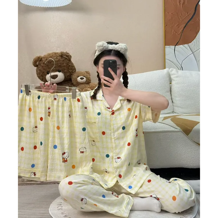 【彩虹圆点】新款睡衣简约宽松夏季短袖短裤长裤家居服女韩版三件套
