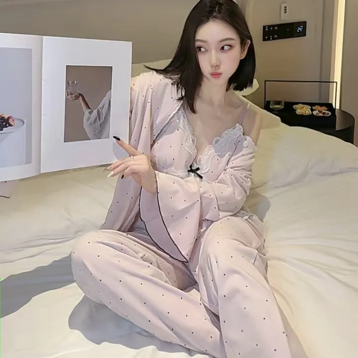 (带胸垫)加厚保暖德绒秋冬羊密绒纯欲风睡衣女薄绒性感三件套装