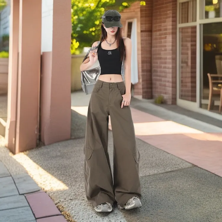 多口袋宽松美式复古设计感辣妹高腰弯刀裤百搭显瘦阔腿工装休闲裤