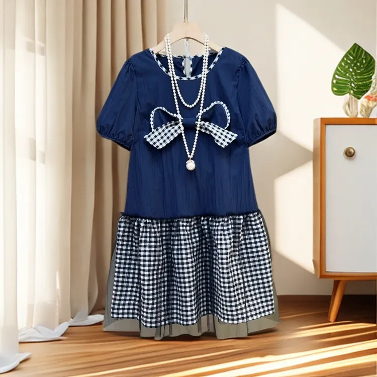 欧洲站2025夏季新款甜美学院风可以去泡泡袖格纹蝴蝶结与裙摆9092