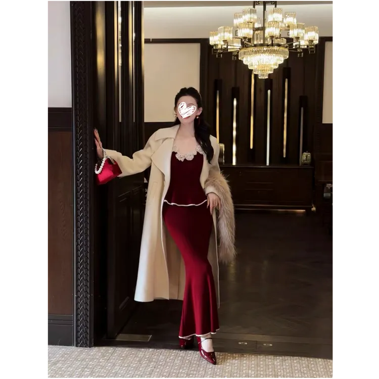 【古堡公主】静奢绵羊毛撞色吊带针织衫+鱼尾裙