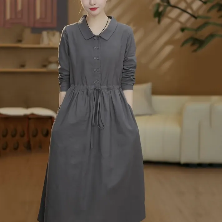 专柜金标-2025新款棉麻连衣裙女中长款收腰显瘦百搭a字裙子2613