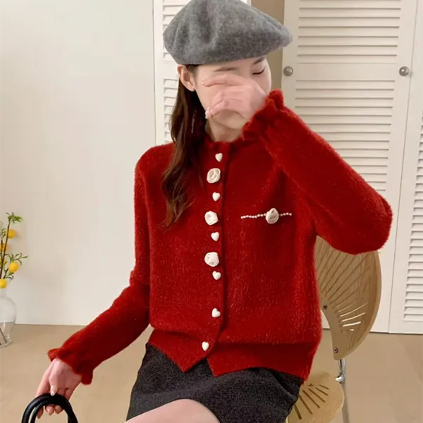 不起球新款重工艺高级感花朵针织加厚开衫长袖休闲上衣单排扣女