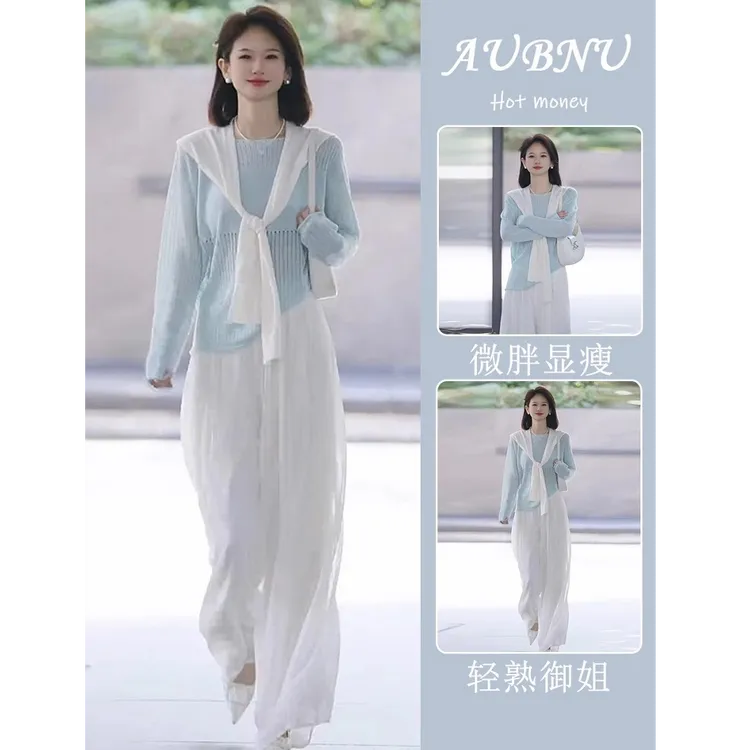 夏季穿搭一整套时尚高级感超好看小香风蓝色针织罩衫白色裙裤套装