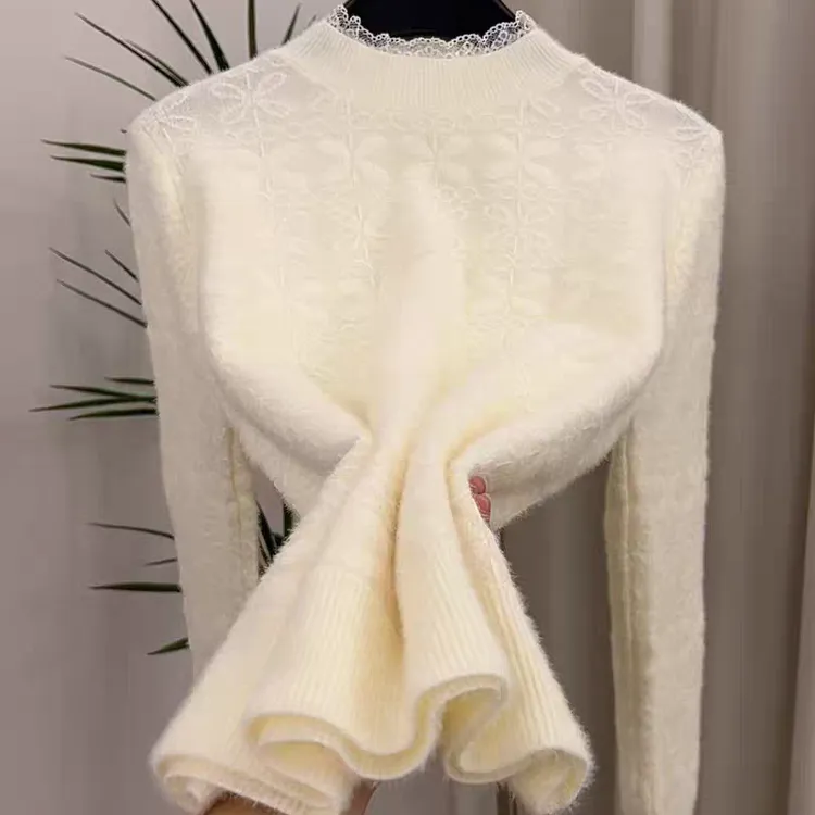 【不起球】水貂绒蕾丝花边打底衫加厚半高领宽松套头针织衫女士毛衣