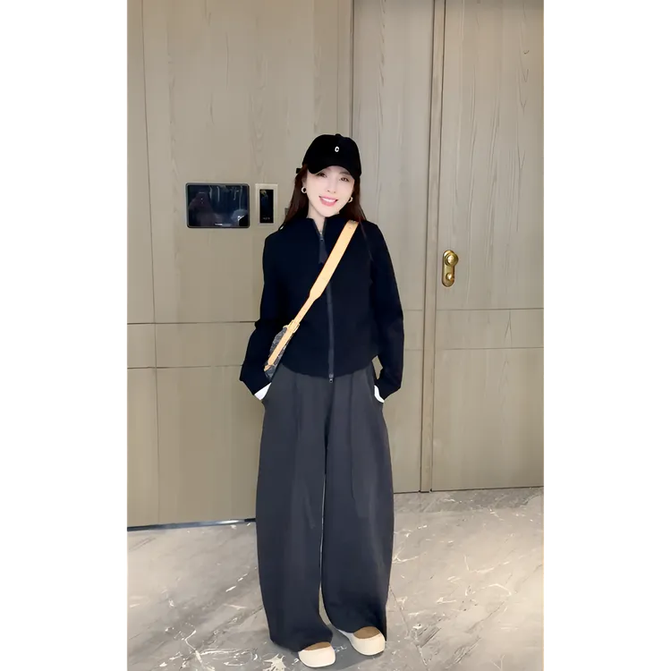 欧货立体裁剪秋季女士立领双拉链双腰线显瘦卫衣+休闲阔腿裤套装