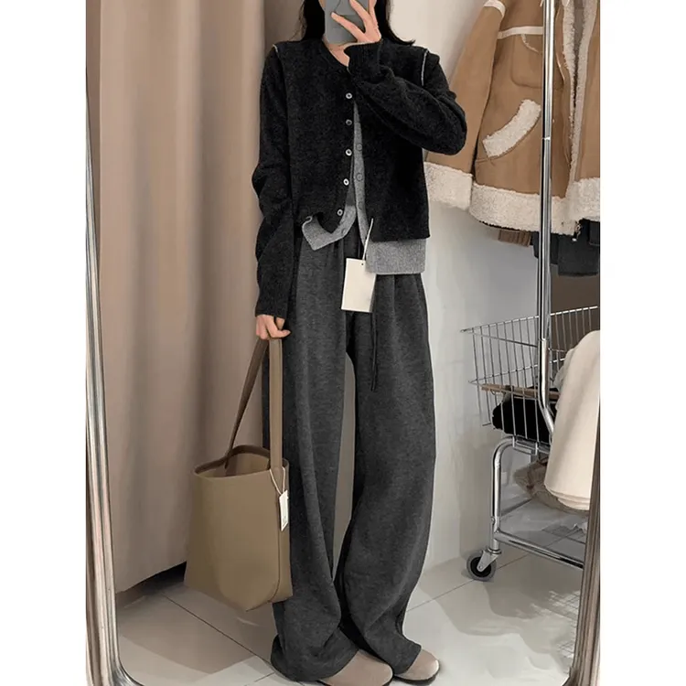 入秋穿搭一整套女2025气质休闲假两件针织上衣显瘦阔腿裤两件套潮