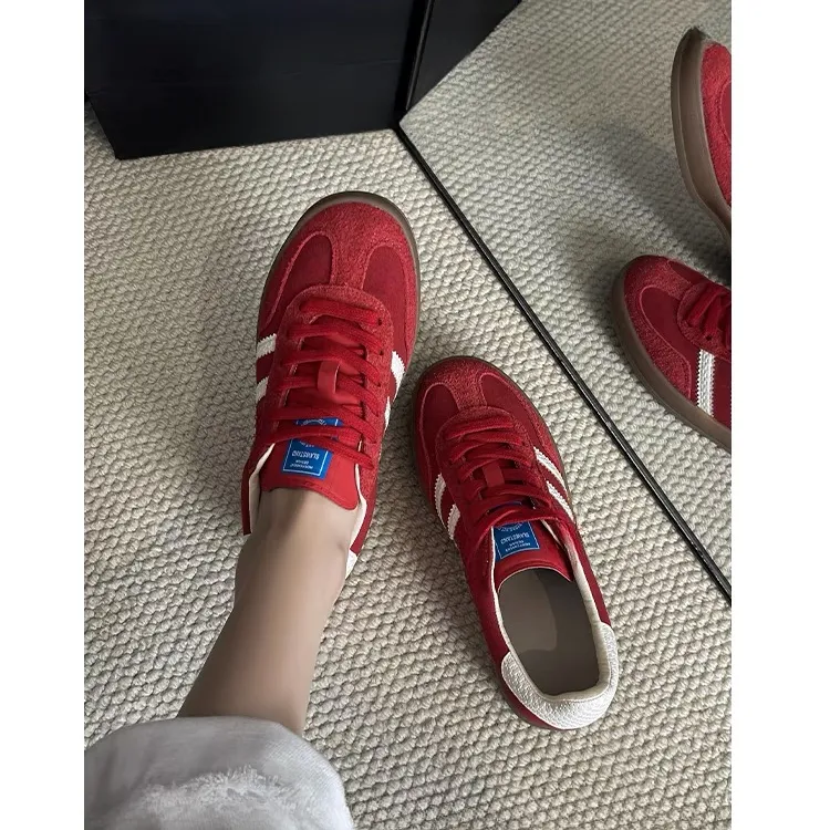真皮复古红色增高德训鞋女2025秋季新款低帮百搭平底运动休闲板鞋
