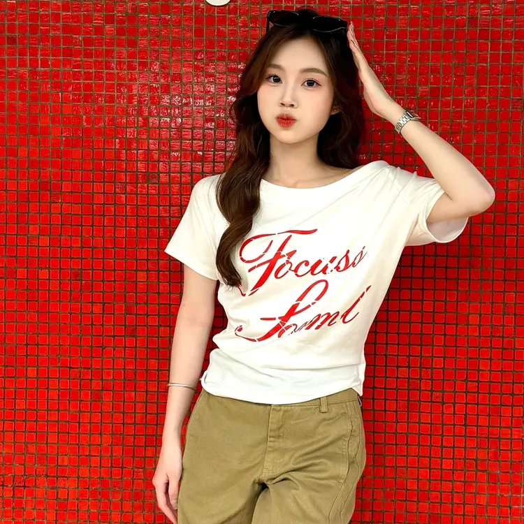 美式复古少女风字母印花斜肩上衣甜辣T恤韩版时尚ins风短袖