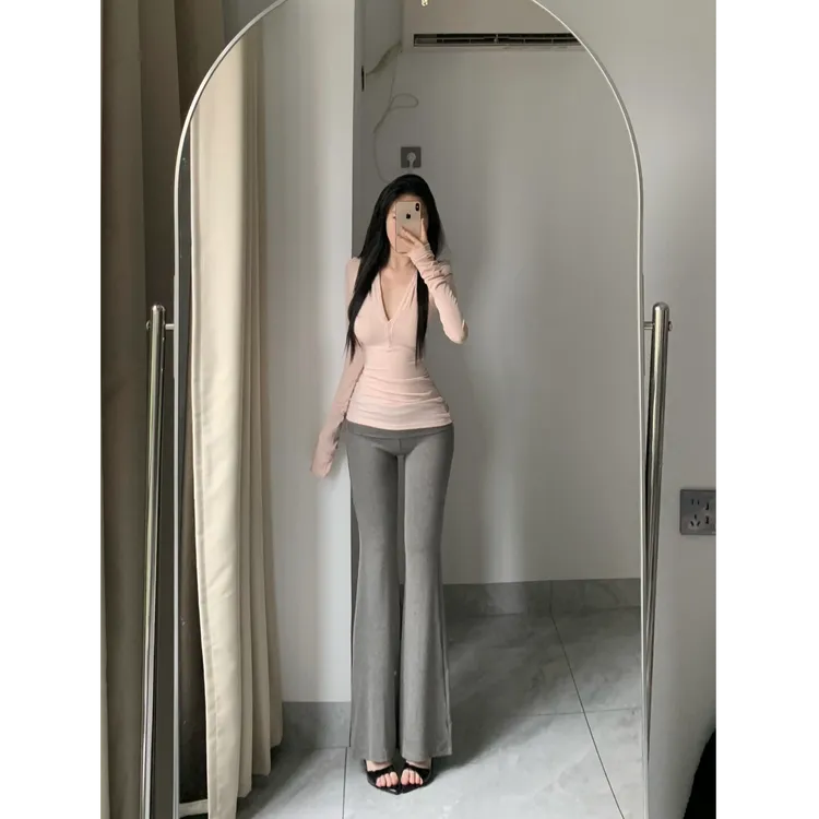纯欲半开v领长袖收腰显瘦打底衫女秋季新款修身内搭打底衫T恤上衣