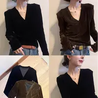 V领金丝绒长袖T恤女欧洲站2025早秋新款欧货女装打底小衫潮8260