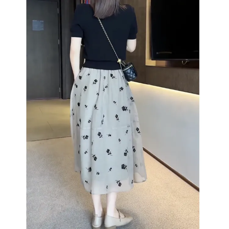 [工厂直销裙子]夏季新款简约高腰显瘦花朵碎花拼接网纱半身裙1125