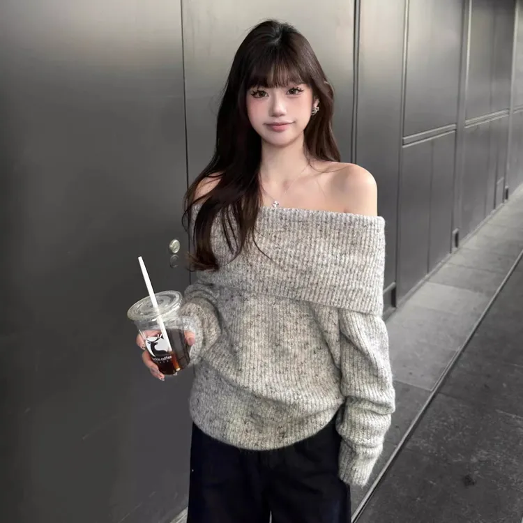灰色露肩套头毛衣女春秋慵懒风宽松一字肩显瘦气质小个子长袖上衣