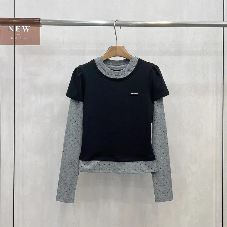 欧货波点泡泡袖假两件T恤上衣女早春新款时尚百搭减龄上衣255821