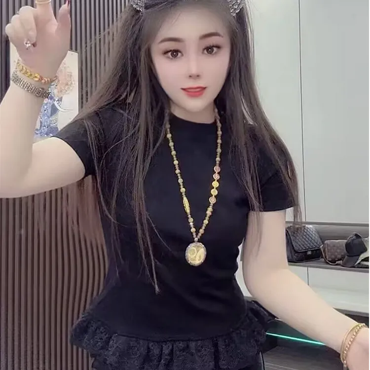 纯欲风圆领短袖蕾丝下摆T恤女2025春夏新款辣妹风显瘦减龄上衣