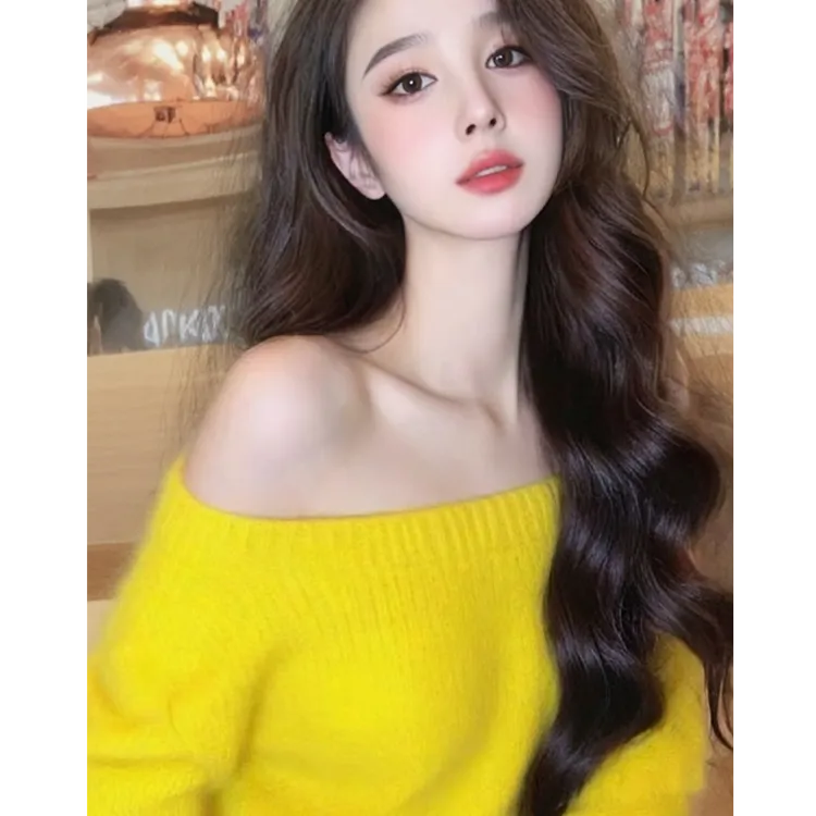 韩系氛围早秋感穿斜肩法式针织衫不规则纯色女长袖新款宽松上衣