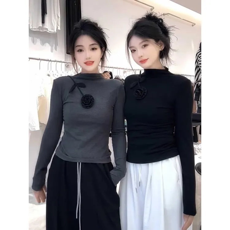 设计感小众立体花朵长袖T恤女秋冬内搭半高领打底衫修身显瘦上衣