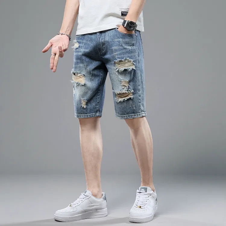 2025破洞牛仔夏季宽松短裤潮牌五分裤小众牛仔五分短裤男休闲中裤