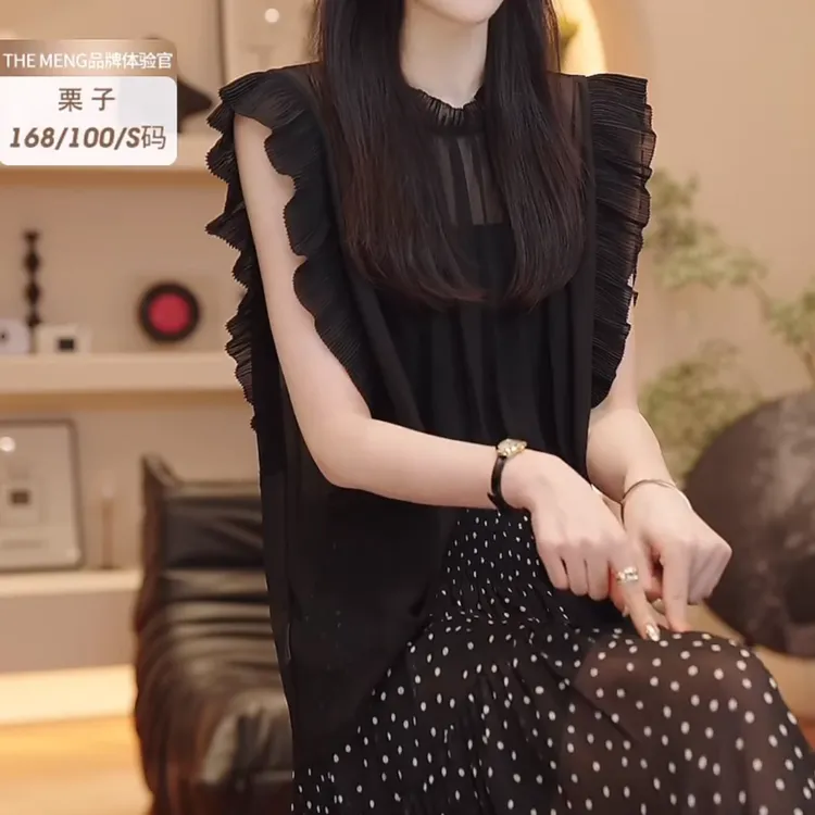 黑色拼接中长款不对称无袖宽松型T恤显瘦设计师气质减龄蕾丝法式