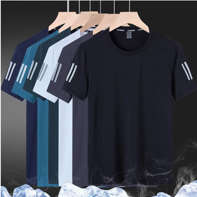 夏季男士户外运动休闲透气薄款宽松速干圆领弹力网眼冰丝短袖半袖