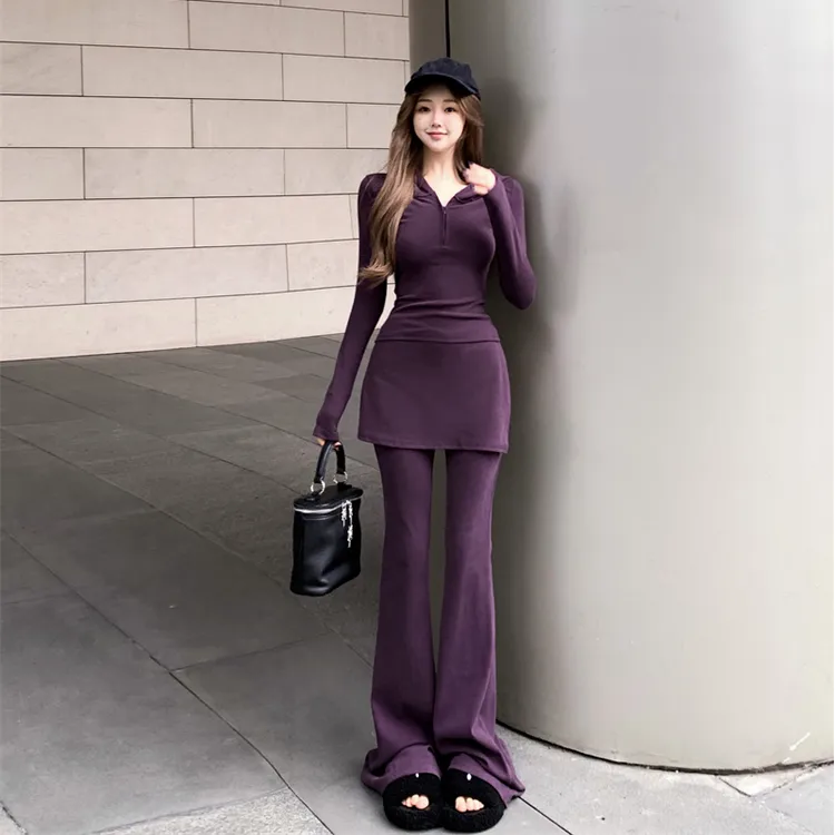 2025春季新款洋气时尚休闲套装连帽修身显瘦上衣假两件微喇叭长裤
