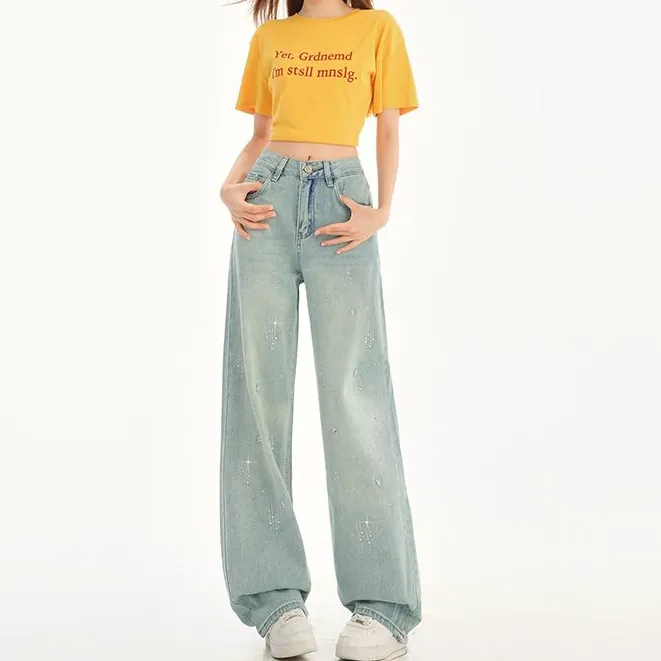 YOLO 美式复古冰川蓝牛仔裤女夏季爆款高腰显瘦烫钻窄版直筒裤子