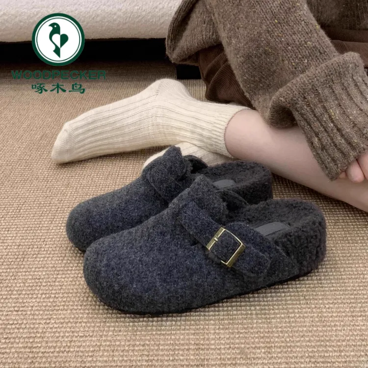 啄木鸟 内增高5CM灰色毛毛鞋女冬季外穿厚底勃肯加绒厚底包头棉鞋