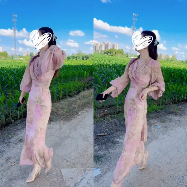 2025夏新款法式碎花V领系带灯笼袖连衣裙晕染碎花气质女人味裙子
