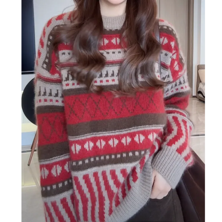 小众设计感宽松慵懒风图形费尔岛条纹新年毛衣冬季新款时尚针织衫