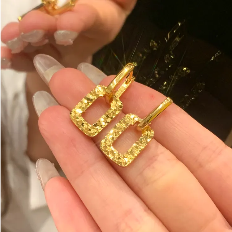 铜合金耳饰 爆闪碎碎冰方形耳坠新中式方糖耳扣几何图形耳环高级