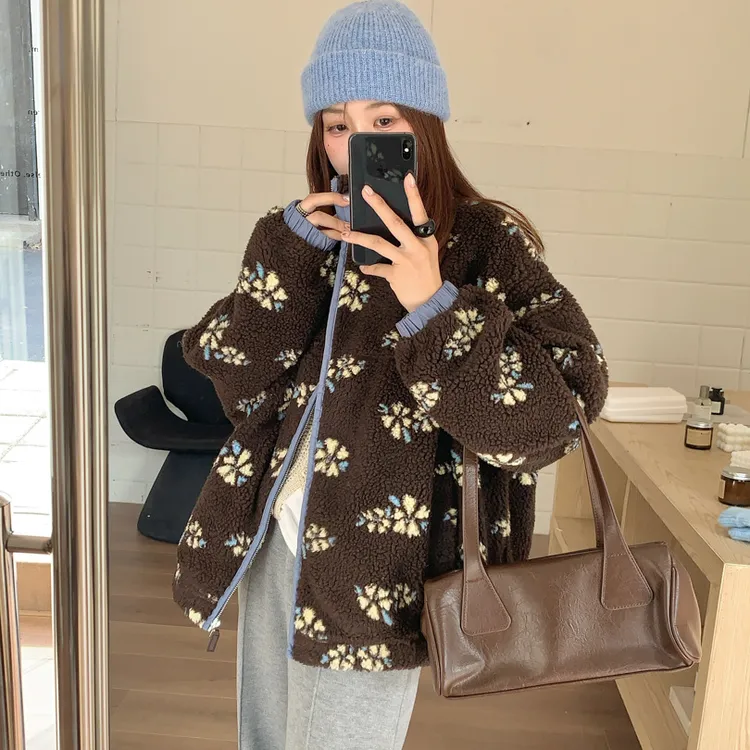 复古花朵毛羔毛上衣加厚秋冬新款小个子宽松休闲韩版毛毛绒外套女