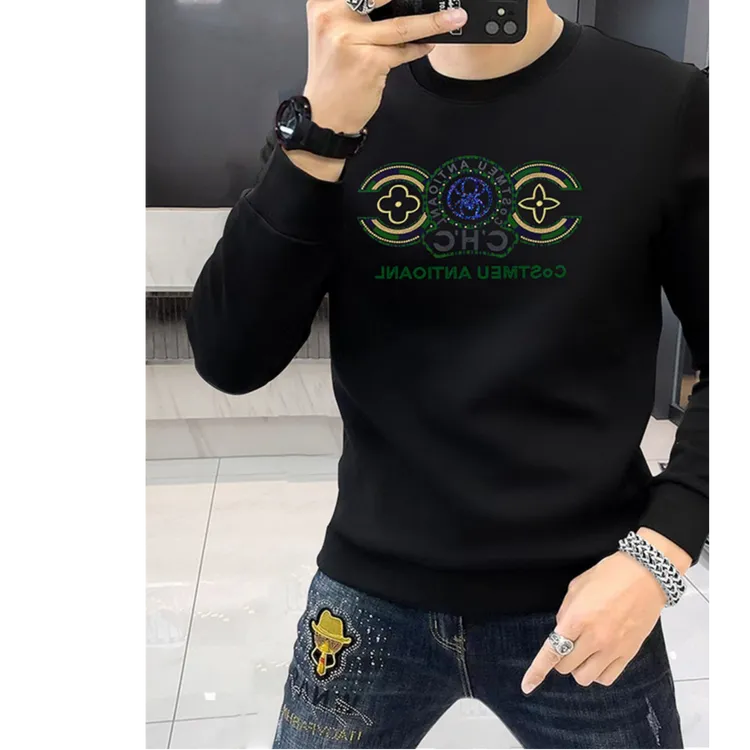 富比莫维字母烫钻潮男卫衣 长袖圆领T恤上衣加绒加厚打底衫秋冬款