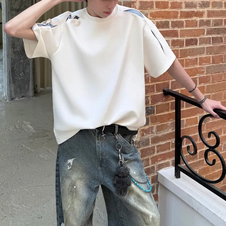 夏季宽松简约休闲条纹解构拼接设计款夏季基础百搭圆领T恤短袖男