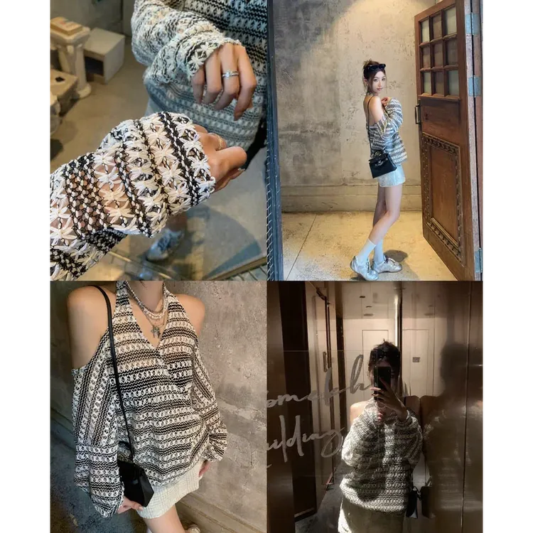 【璐璐专属】 镂空针织条纹挂脖露背上衣设计女春秋新款百搭