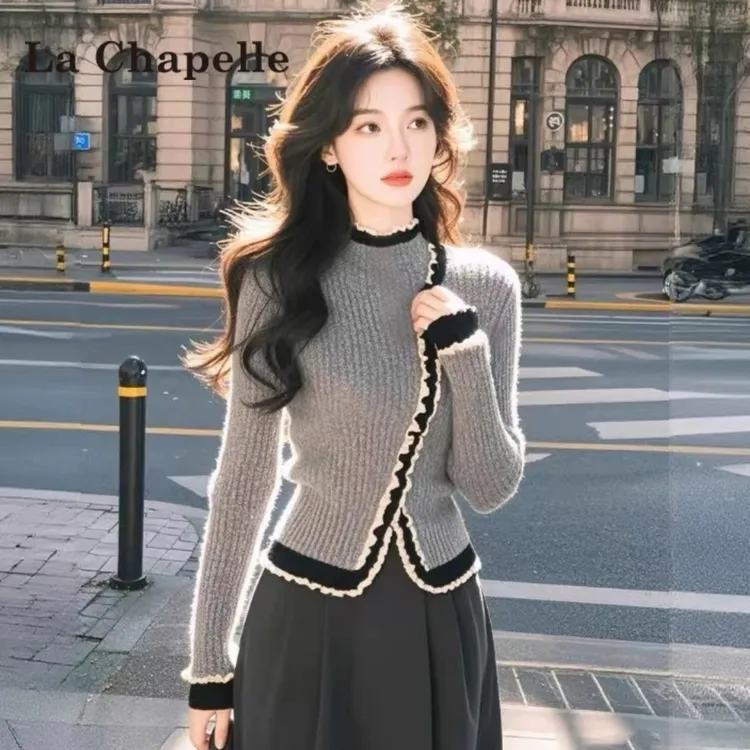 拉夏贝尔法式气质花边毛衣女秋冬修身显瘦不规则温柔风上衣针织衫
