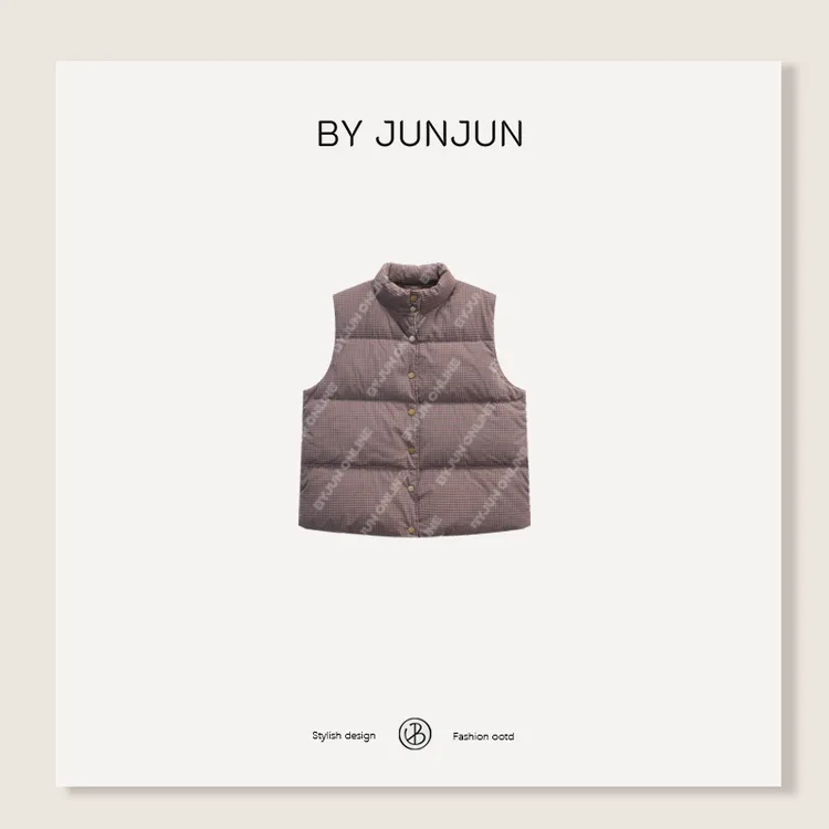 ByJunjun【鹅绒格格】复古格子鹅绒马甲秋冬保暖羽绒无袖上衣