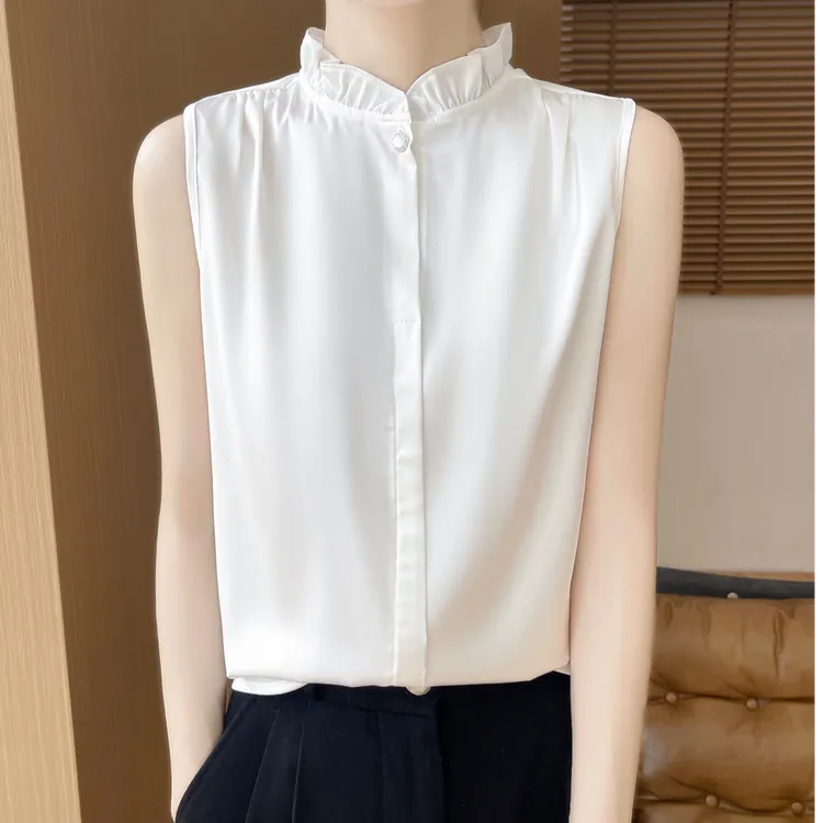 缎面女装木耳领女士无袖衬衣百搭场合晚宴潮流减龄洋气衣服夏季