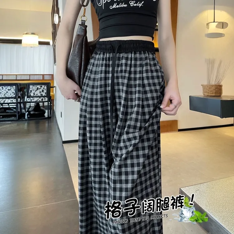 美式复古格子阔腿裤女夏季薄款高腰休闲冰丝运动裤子女宽松直筒裤