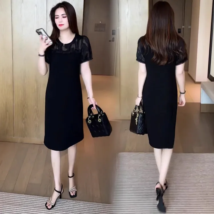 时尚短袖连衣裙女士夏季新款洋气镂空蕾丝A字裙小个子气质中长裙