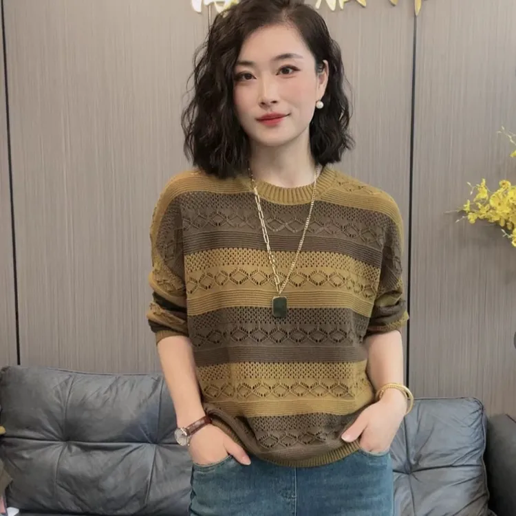 镂空拼接条纹针织上衣女宽松遮肉百搭打底衫时尚薄款春夏秋
