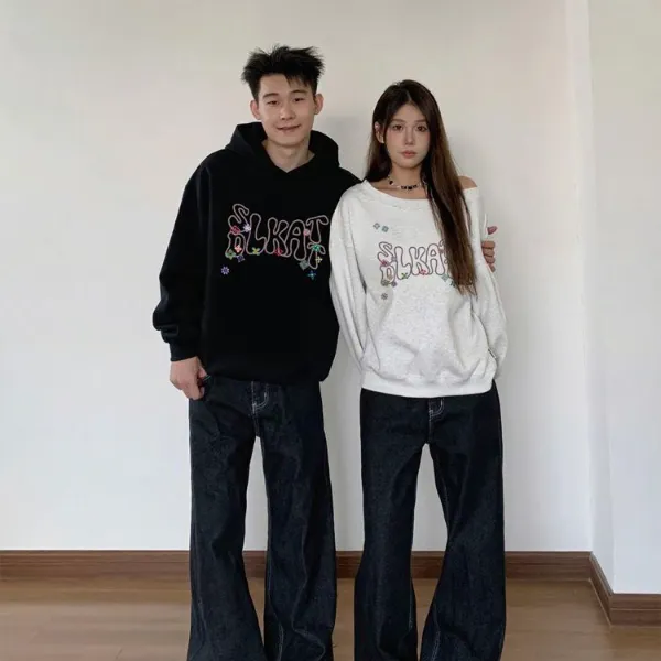 情侣装卫衣秋冬季新款一男一女斜肩纯棉卫衣宽松韩版潮流情侣卫衣